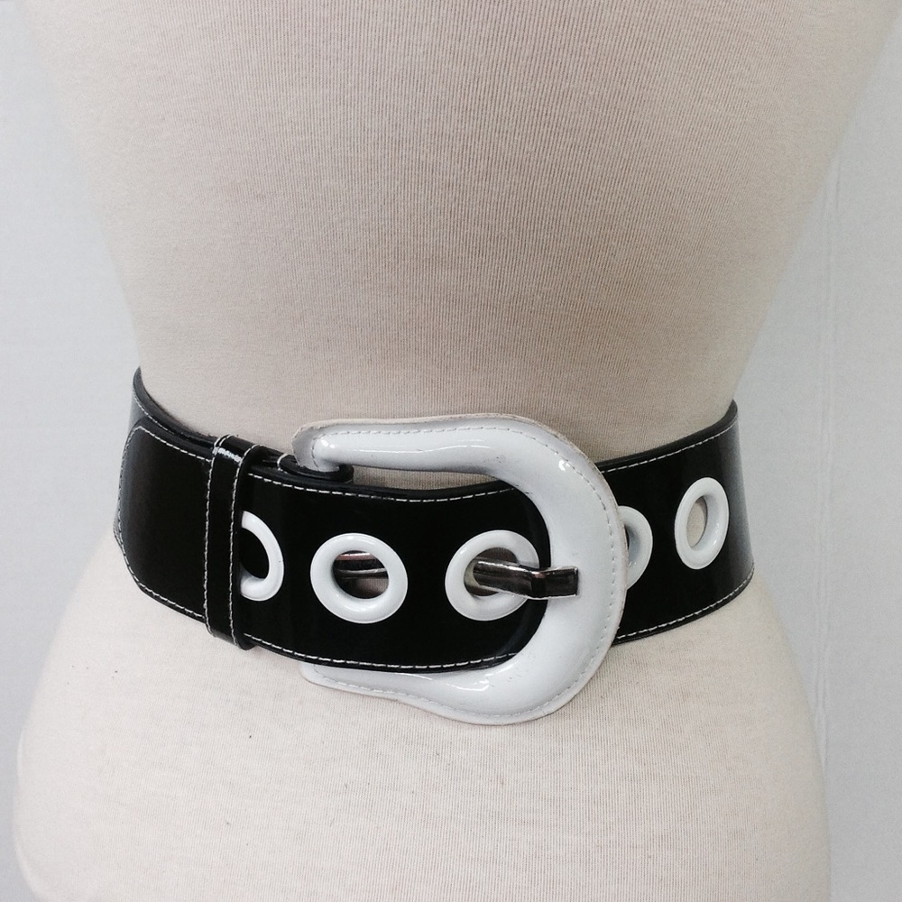 Black White Patent Leather Belt Wide Wrap Saddle